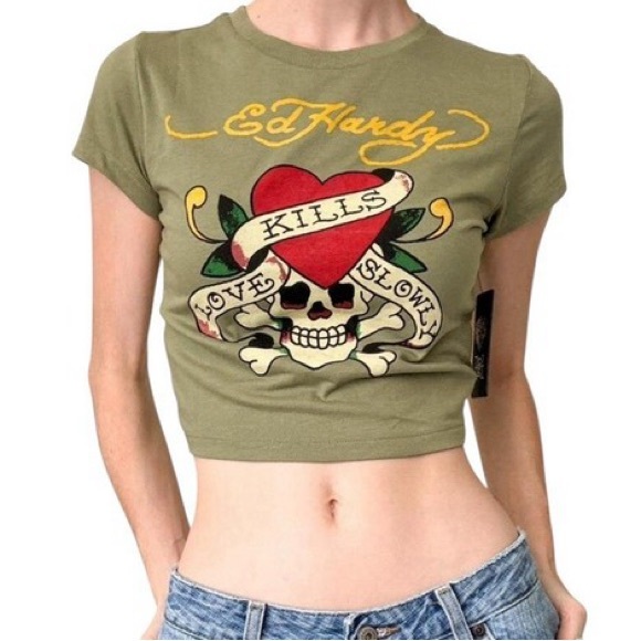 Ed Hardy Tops - Ed Hardy Love Kills Slowly Crop Top, Olive Green, Size XL
